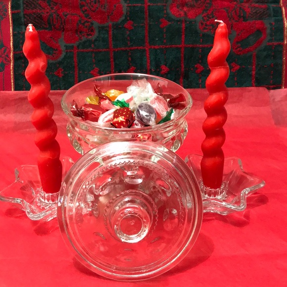Glass Candy dish. Two candle holders with special made candles. NWOT - Picture 2 of 6